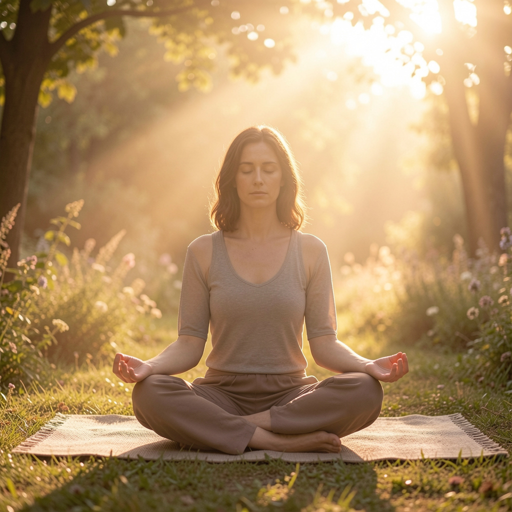 Henkilö istuu rauhallisessa ympäristössä harjoittaen tietoisuutta